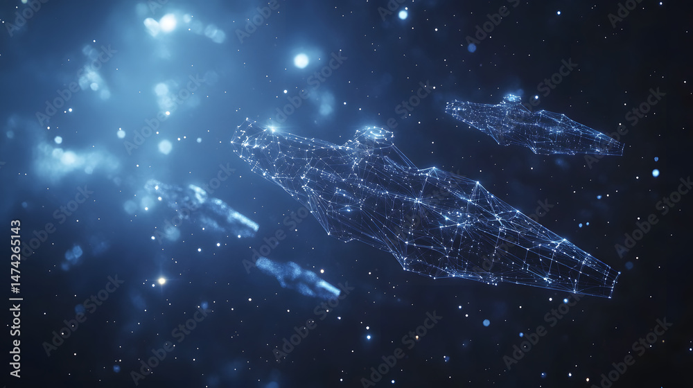Fototapete Futuristic spaceships navigate a dark, starlit expanse. Glowing wireframe designs suggest advanced technology and interstellar travel. Abstract wireframe in dark blue.