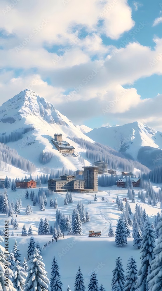 Poster 雪に覆われた山と青い空に浮かぶ雲のある冬の山の風景と建物の詳細な眺め