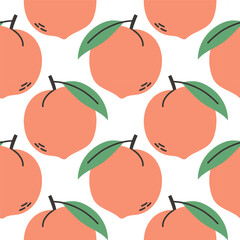 Peach summer pattern on white background. Simple seamless pattern with peaches. Vector design for greeting card and invitation of seasonal summer holiday