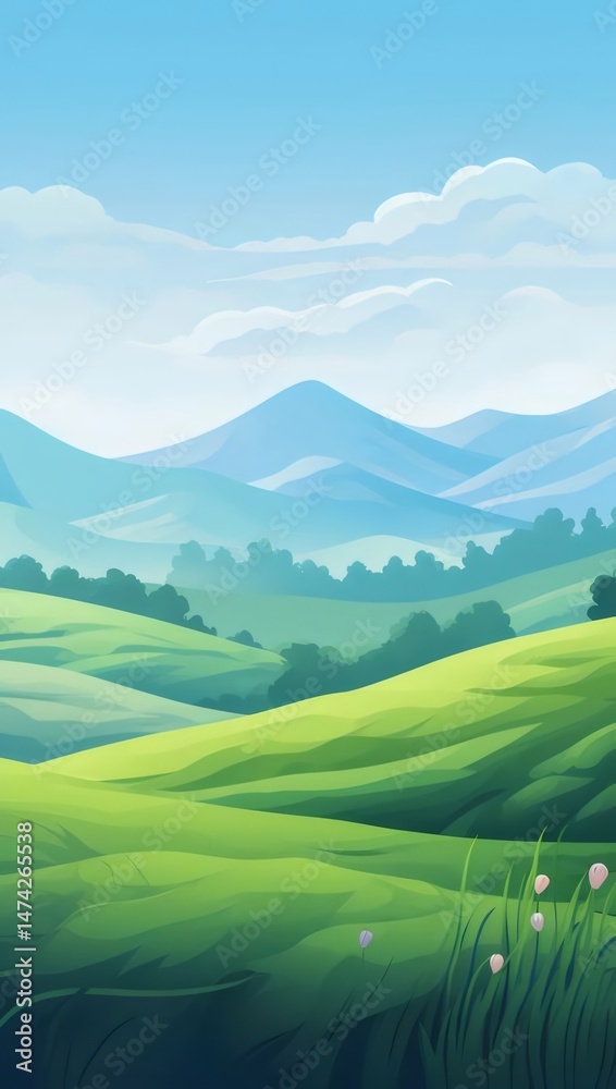 Poster ピクセルアートスタイルの緑の丘と山々の穏やかな風景 鮮やかな色彩と細部が美しい自然の風景 青い空と白い雲が背景