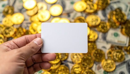 Blank card held by adult male hand over pile of gold coins and dollar bills