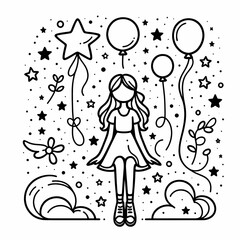 Whimsical Girl Surrounded by Balloons and Stars