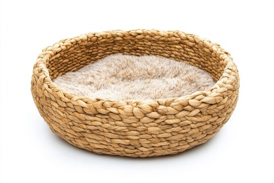 Round woven pet basket with soft cushioned inner lining isolated on white background, ideal for cats or small dogs to sleep comfortably

