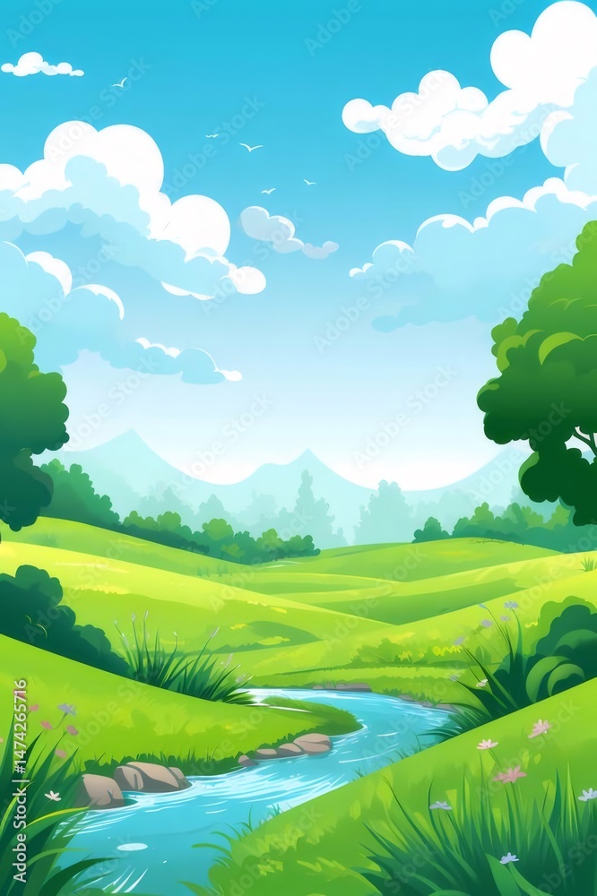 Aufkleber 緑の牧草地の丘の上の青い空の下の山の風景と川のイラストレーションアニメスタイル
