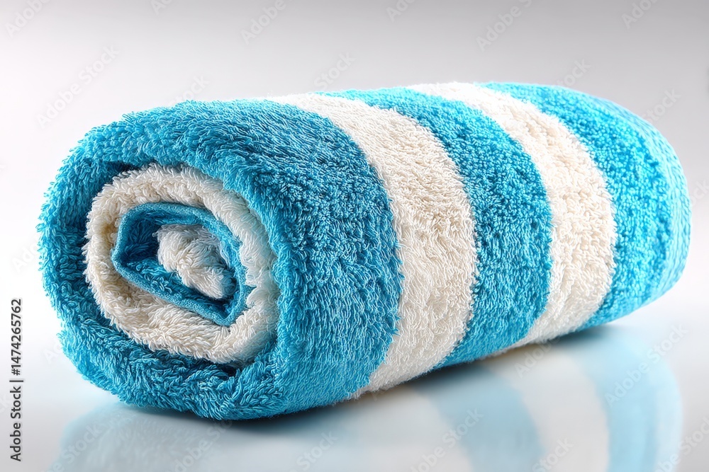 Poster soft striped towel rolled up in a neat fashion, ideal for beach or poolside relaxation at any time o