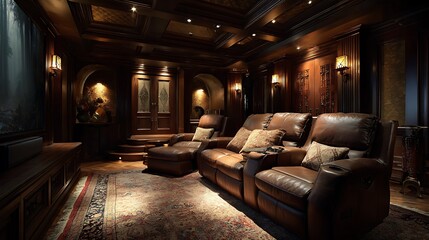 Fototapeta premium Luxurious home theater with leather recliner chairs