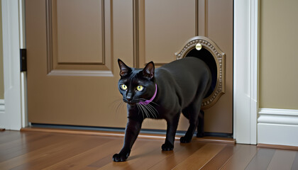 Curious black cat entering through pet door, exploring mood, indoor scene, wooden floor
