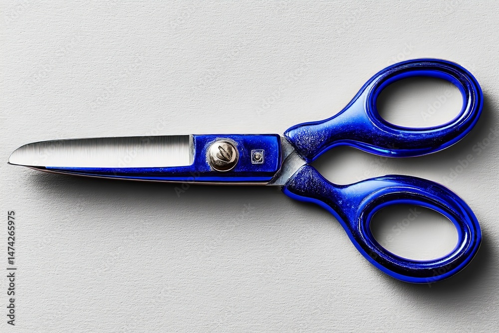 Poster blue scissors laid on a white surface reflecting sunlight, highlighting their sharp edges and ergono