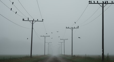 Birds on Power Lines Misty Landscape