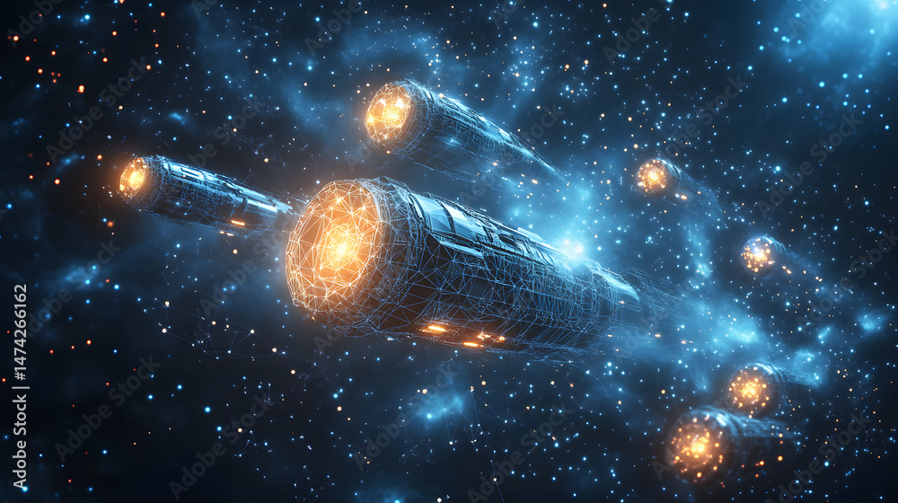 Poster Futuristic elongated spaceships soar through a starlit cosmos. Wireframe designs and glowing orange energy highlight their forms amidst nebulae. Abstract wireframe in dark blue.
