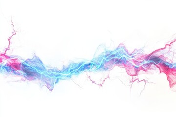 Row of abstract digital art of blue and red lightning streaks isolated on white background, symbolizing electricity and energy flow