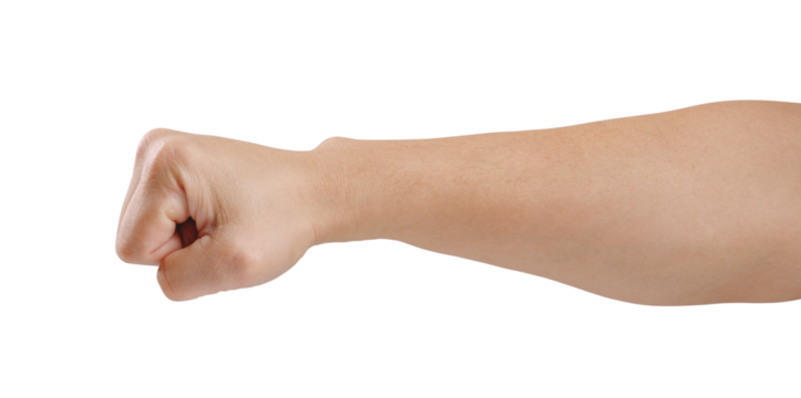A man hand is shown in a fist with palm down ready to punch isolated cutout in transparent background. Concept of strength, power and body language communication concept.