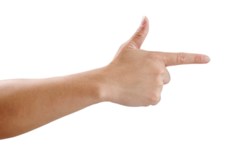 A man hand finger pointing to the right with thumb up in finger gun gesture in meaning of acknowledge and body language communication concept. Isolated cutout in transparent background.