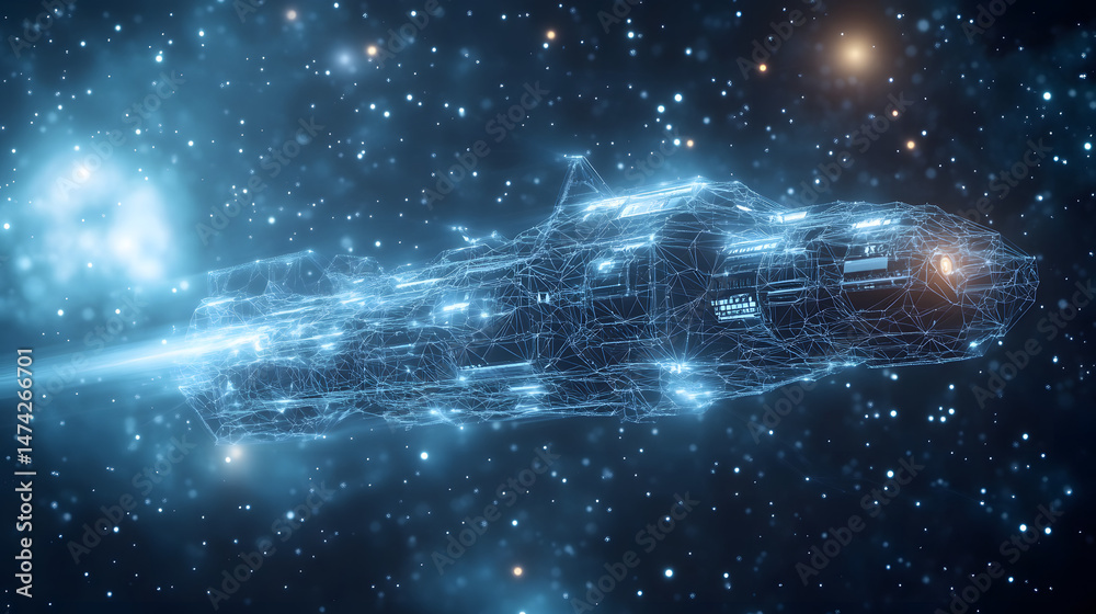 Poster futuristic spacecraft hurtling through space, illuminated by a radiant blue wireframe. a concept of 