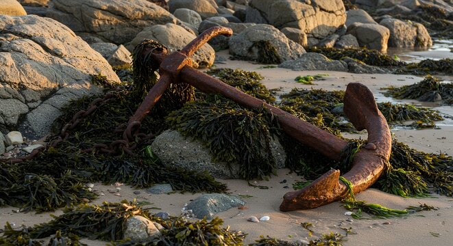 Old Rusty Anchor on Sandy Beach Shore with Rocks and Seaweed