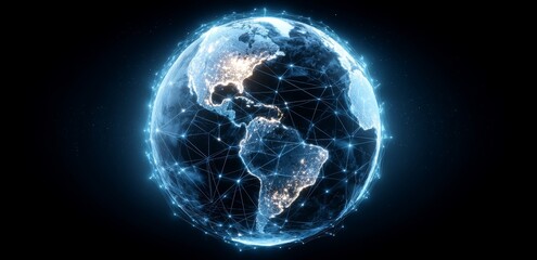 Naklejka premium A futuristic global technology concept featuring a digital illustration of Earth with glowing network connections