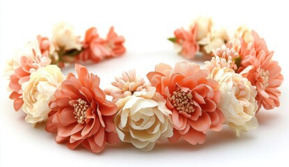Delicate Peach and Cream Artificial Flower Crown on White Background