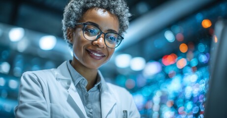 Fototapeta premium A mature female scientist types away on her computer in a laboratory setting, conducting research for medical discoveries and results