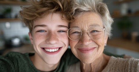 In the kitchen, a senior mother and her son share a warm hug, exemplifying care, comfort, and assurance as they bond together