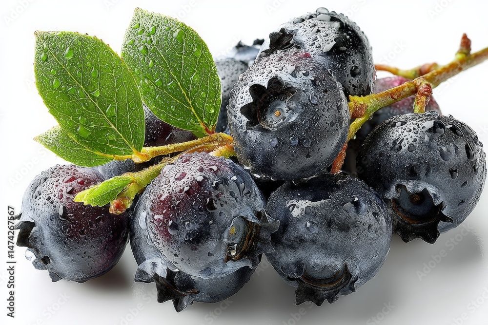Poster Fresh blueberries with droplets of water resting on a branch in a bright setting