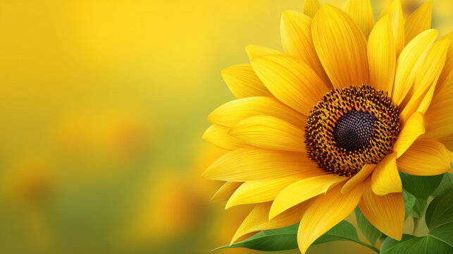 A vibrant sunflower with golden petals and a dark center stands out beautifully against a soft, blurred background of yellow and green hues, radiating warmth.