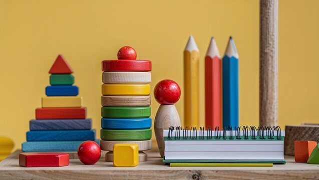Assorted wooden toys featuring a train and colorful blocks
