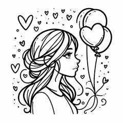 Girl with Heart Balloons in a Whimsical Doodle Style