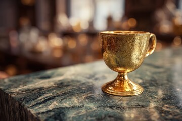 Golden cup on a marble counter top.