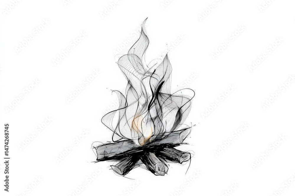 Poster artistic depiction of a campfire with intricate details of flames and logs captured in a minimalist 