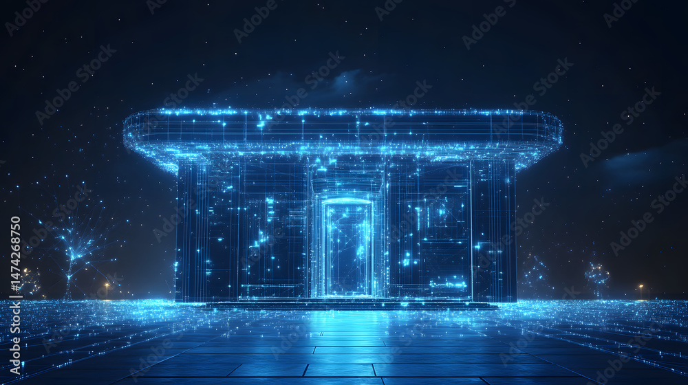 Fototapete a luminous, futuristic temple of digital light rises against a starry backdrop. its blue wireframe a