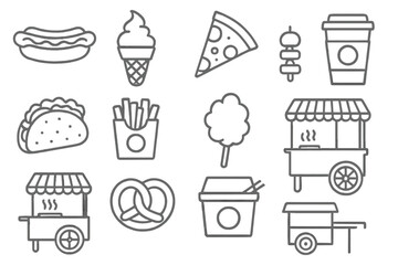 Fun vector illustration of popular fast food items including burgers, pizza, fries, and desserts in a playful design