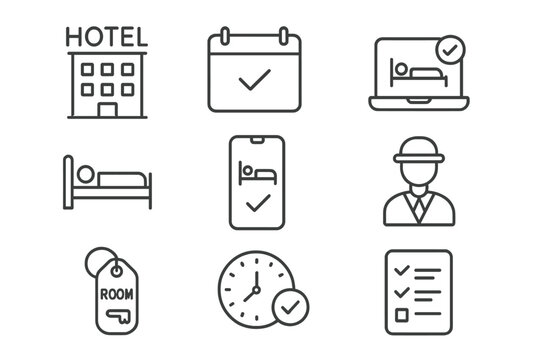 Flight booking outline icons featuring various travel-related symbols for easy navigation and planning