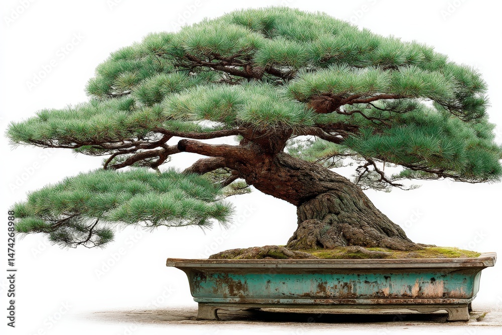 Poster bonsai tree with intricate branches and vibrant green needles displayed in a traditional pot