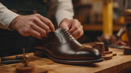 Craftsman Lacing a Handmade Leather Shoe