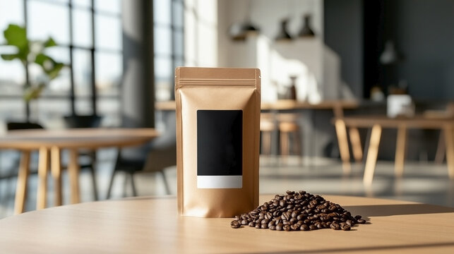 Coffee packaging mock up with blank label, placed on wooden table beside scattered coffee beans in a modern cafe setting, showcasing product presentation and design potential