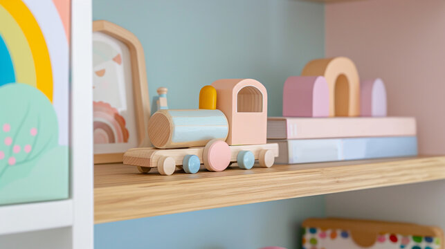 Colorful wooden toy train displayed on a shelf, surrounded by playful decor elements, creating a cheerful atmosphere in a childs room with vibrant colors and textures