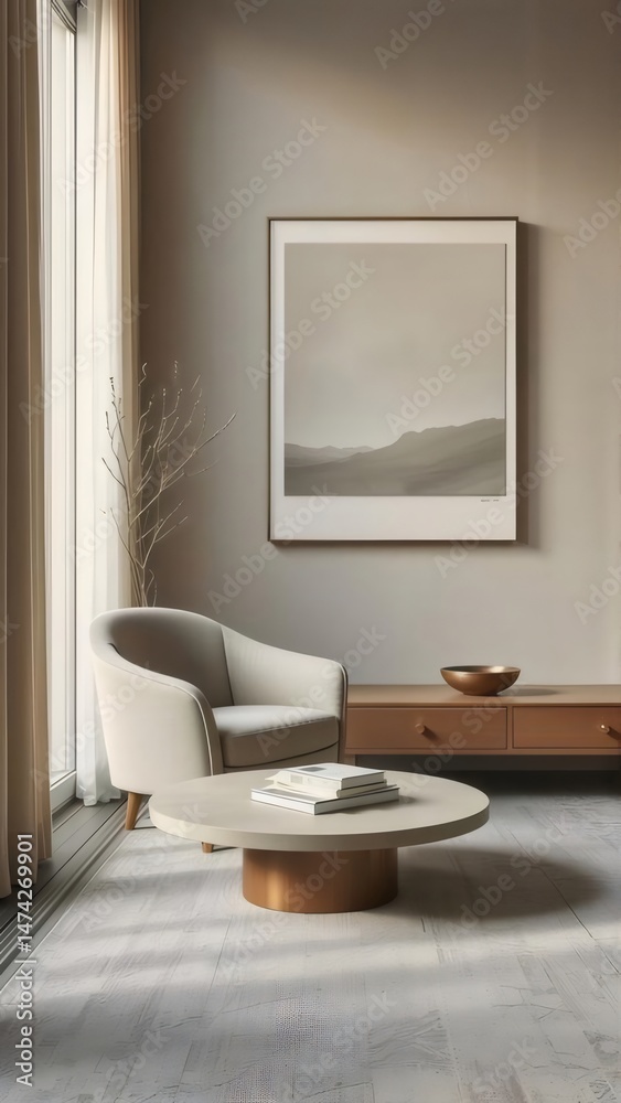 Aufkleber ベージュとブラウンのインテリア 椅子 円形テーブル 絵画のある落ち着いた空間