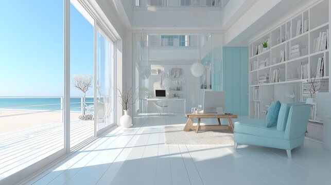 A coastal workspace retreat with expansive glass windows that frame a beautiful sea view, suitable for a virtual Google conference background, blending cutting-edge office design with calm atmosphere