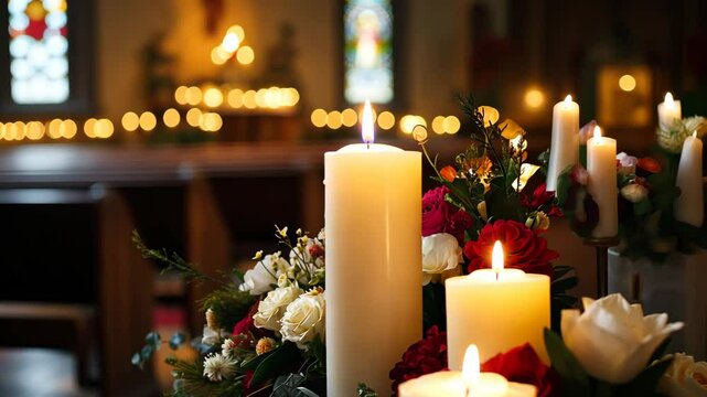 A peaceful Ascension Day service with candles, floral arrangements, and serene atmosphere - Powered by Adobe