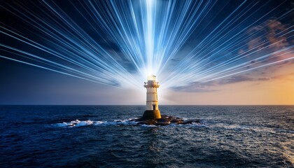 digital lighthouse illuminating a dark ocean with light rays representing guidance and technology in modern navigation