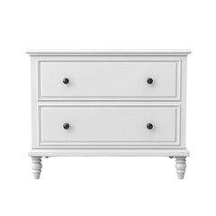 White two drawer chest of drawers with black knobs on turned legs