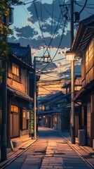 Fototapeta premium Serene Kyoto street view at sunset with traditional architecture and warm lighting in a low angle perspective