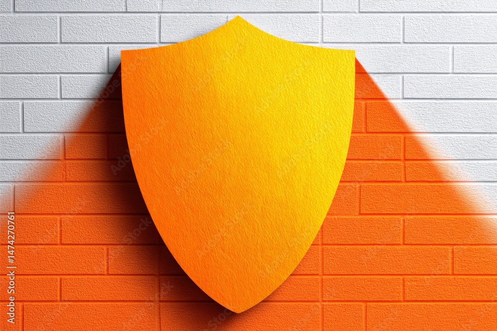 Poster bright yellow shield emblem on orange brick wall creating a striking visual contrast in modern desig