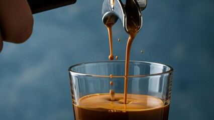 Espresso shot being pulled into a glass cup.