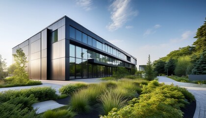Obraz premium modern building with metallic facade and greenery