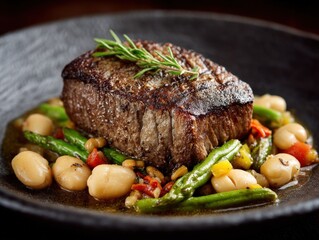 Gourmet grilled steak served on a rustic plate accompanied by fresh asparagus beans and vibrant vegetables showcasing culinary artistry and delicious flavors captured with clarity
