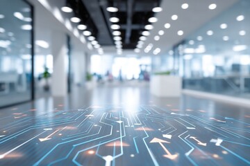 A blurry office interior background features a creative digital blue circuit grid, symbolizing a landing page concept that embodies technology, innovation, and stock through double exposure