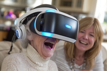 At home, a group of older multiracial women who are friends are using virtual reality headsets while seated on a couch