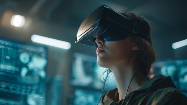 A dynamic environment serves as the backdrop for a participant to explore and engage with virtual experiences centered around groundbreaking technologies at a conference