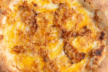 Close-up of a delicious, freshly baked carbonara pizza